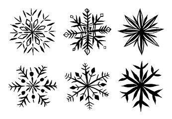 Collection of six Snowflakes. Hand drawn black silhouette.