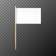 Toothpick with rectangle flag on transparent background. White realistic paper banner on wooden stick. Pennant for food, cocktail decoration or for location mark, map pointer. 3d vector illustration
