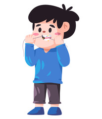 Boy children using dental floss cleaning teeth drawing illustration