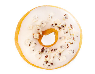 Donuts dough with icing sugar and white chocolate isolate on white with clipping path.