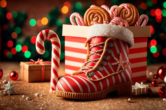 3D Render Stuffed Santa Claus boot with sweets, gift box
