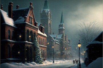 Fototapeta premium Cozy Christmas City in Winter Night Time with Buildings and Street Warm Lights Generative AI