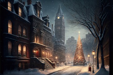 Fototapeta premium Cozy Christmas City in Winter Night Time with Buildings and Street Warm Lights Generative AI