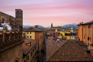 Fototapeta na wymiar Top view from the drone of the city of Bologna at sunset. Best city in Italy Europe in 2022