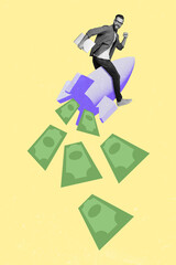 Vertical collage image of excited funny black white effect guy flying rocket dollar banknotes bills isolated on painted background