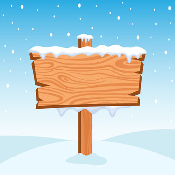 Blank wooden sign in snow illustration icon