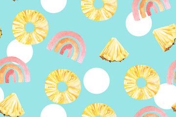 Seamless pattern pineapple and rainbow with watercolor.Summer colorful hand drawn tropical fruit  pattern.For fabric luxurious and wallpaper, vintage style.Cute and bright polka dot background