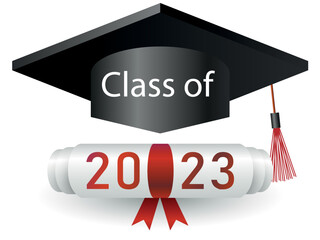 Class of 2023 with graduation cap. Number with education academic caps. Template for graduation design, high school or college congratulation graduate, yearbook