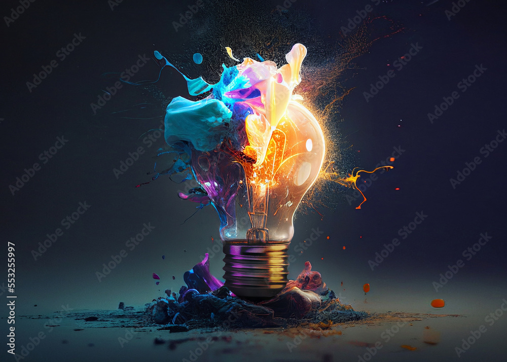 Wall mural creative light bulb explodes with colorful paint and splashes on a black background. think different