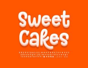 Vector advertising banner Sweet Cakes. White handwritten Font. Playful 3D Alphabet Letters, Numbers and Symbols set. 