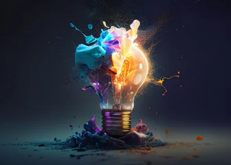 Foto op Canvas Creative light bulb explodes with colorful paint and splashes on a black background. Think differently creative idea concept © alones