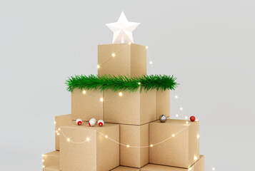 Christmas tree made of kraft boxes. 3d rendering.