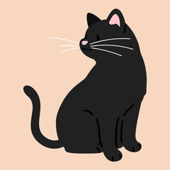 Simple and adorable illustration of black cat sitting looking sideways flat colored