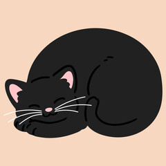 Simple and adorable illustration of black cat sleeping flat colored