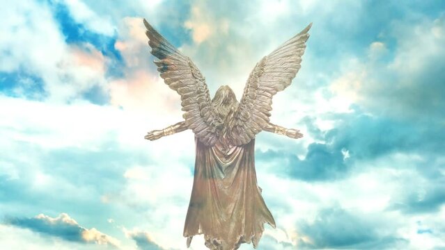 angel archangel with opened arms over divine mystic sky like spiritual angelic protection and love concept 