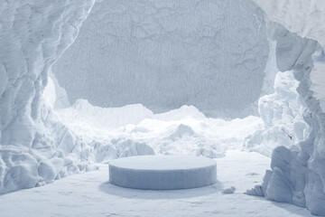Abstact 3d render winter scene and Natural podium background, Ice podium on the snow ground in the ice snow cave for product display advertising or etc