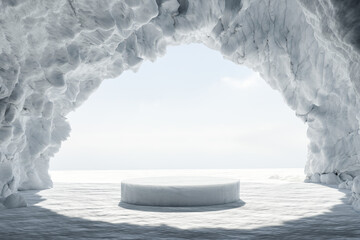Abstact 3d render winter scene and Natural podium background, Ice podium on the snow ground in the ice snow cave for product display advertising or etc