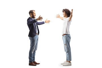 Young man meeting a guy with curly dark hair