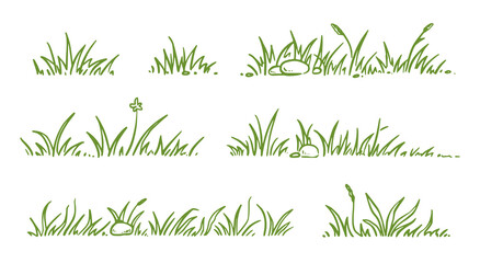 Grass doodle sketch style set. Hand drawn green grass field outline scribble background. Sprout, flower, clover elements. Vector illustration.