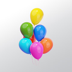 Bunch of colorful balloons 3D render illustration. Realistic glossy balloons.