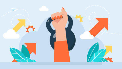 A businesswoman easily copes with a difficult task. Hand holding a heavy kettlebell. Power of gender bias, the pressure of inequality on the person. Discrimination concept. Flat vector illustration