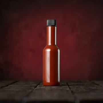 Glass bottle of red hot sauce on wooden surface. Chili pepper sauce. Ketchup. Tomato sauce. Vegetarian food. Photo for advertising. Dark red background. Copy space. Soft focus. Side view.