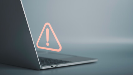 Triangle caution warning sign on laptop screen and Businessman or it staff , programmer, developer using computer for notification problem error 404 and maintenance concept.