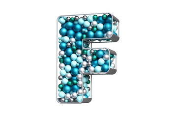 3D Christmas alphabet of silver, blue and teal balls floating in a silvery letter F shape. High quality 3D rendering.
