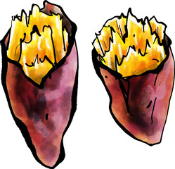 「焼き芋・baked sweet potato」の手書きイラスト（筆書き墨絵風）