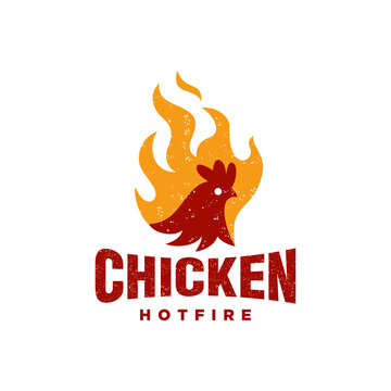 chicken fire logo in rustic vintage, hen head with flame hot symbol vector icon illustration, ,perfect for fast food restaurant icon or any food related business
