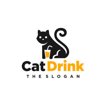 drinking cat logo. cat and cup logo, little cat holding juice drink with straw vector icon illustration