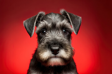 Studio image of a cute little schnauzer puppy staring at the camera on a red backdrop. Generative AI