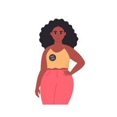 Young character with gender pronouns pin. She, he, they, non-binary. Gender-neutral movement. LGBTQ community. Hand drawn vector illustration