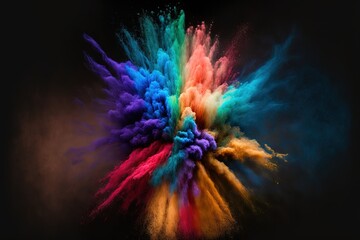 Explosion of colored paint powder on black background. Multi color powder explosion. Freeze motion. Generative AI