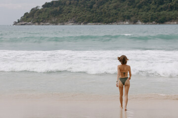 Fototapeta na wymiar Rear view of beautiful sexy young woman in bikini on a beach.