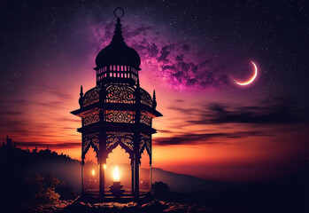Illuminated lamp of Ramadan Kareem. Lantern with serene mosque background. Night sky with crescent moon. Generative AI