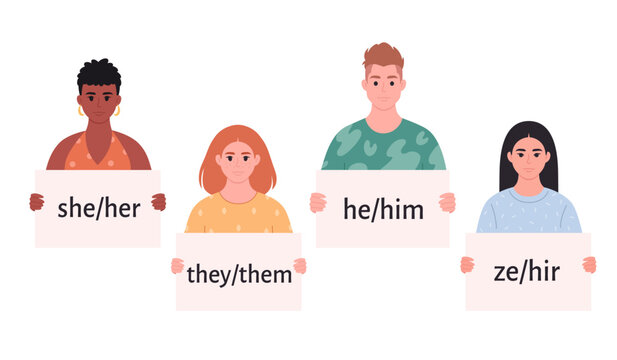 Young people holding sign with gender pronouns. She, he, they, ze, non-binary. Gender-neutral movement. LGBTQ community. Hand drawn vector illustration