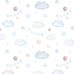 Watercolor seamless pattern with clouds, balls, flags, drops and stars in blue colors on white background