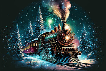 Christmas train going through snowy forest. Railway station. Retro locomotive illustration. Winter landscape with steam train. Generative AI