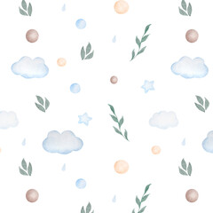Watercolor seamless pattern with clouds, balls, leaves and stars in blue colors on white background