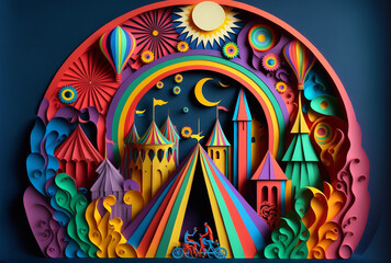 Amusement Park, Carnival, Funfair with Circus tent, Paper Cut style, Attractions  Illustration