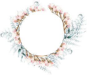 Watercolor painted floral wreath. Arrangement with fern branches, leaves and limonium. Cut out hand drawn PNG illustration on transparent background. Watercolour isolated clipart drawing.
