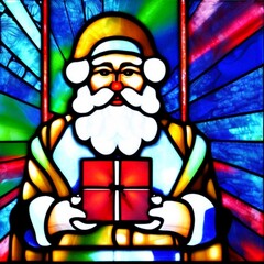 Stained glass / vitrage Santa Clause with present box