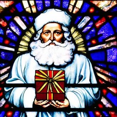 Obraz premium Stained glass / vitrage Santa Clause with present box
