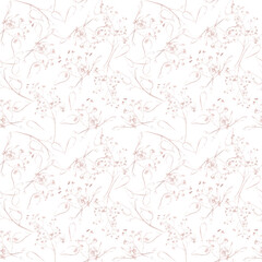 Watercolor painted floral seamless pattern. Pink sparkle gold line flowers, leaves and branches.. Cut out hand drawn PNG illustration on transparent background. Watercolour isolated clipart drawing.