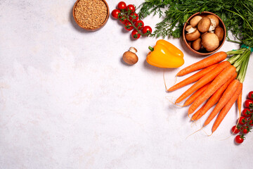 Food background with vegan products, vegan food on table, top view , veganuary concept
