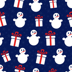 Snowman. Seamless vector pattern with stylized snowmen and gift boxes. Winter pattern - 553264390