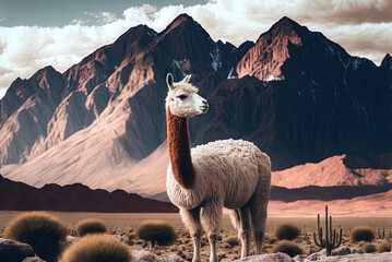 A stunning lama against a mountain backdrop. Generative AI - obrazy, fototapety, plakaty