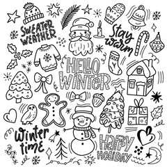 Set of winter elements in the style of doodling on a white background. Vector graphics for the design of wallpapers, prints for wrapping paper, covers of notebooks, packages, bags, for New Yeas cards.
