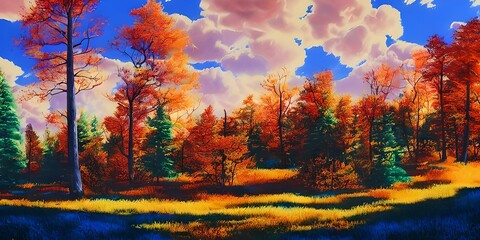 Fototapeta na wymiar A Colorful Forest With Trees And Grass, Fantastic Illustration Background Wallpaper. Concept Art Style Illustration.